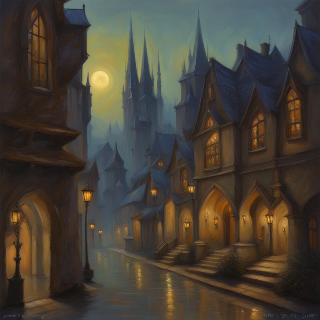 Magical Gothic Town at Night Digital Art