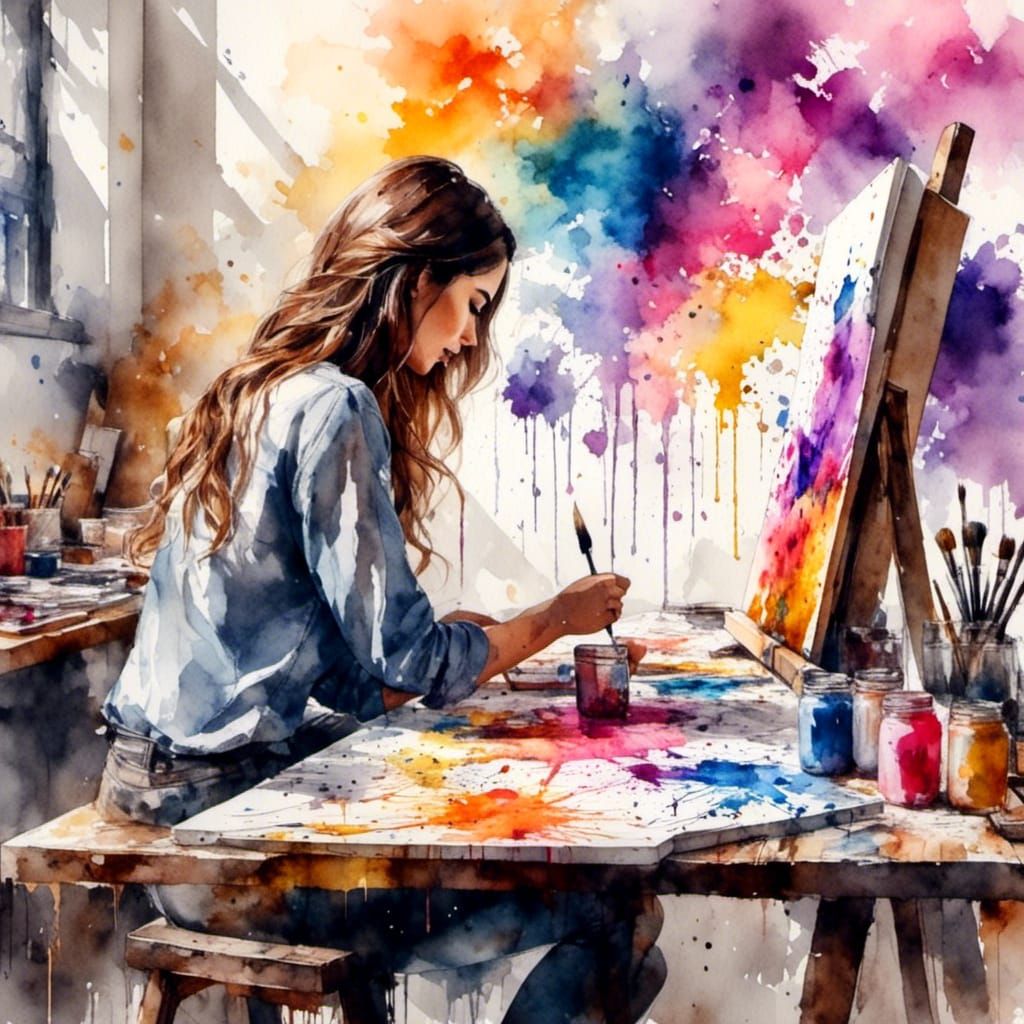 Woman Painting in Art Studio with Watercolor and Oil