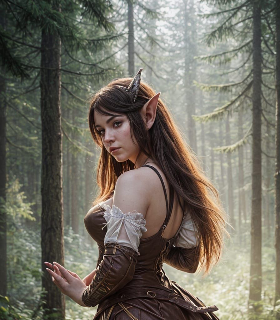 Curvy Elf in Fantasy Forest, Hyper-Realistic Rendering