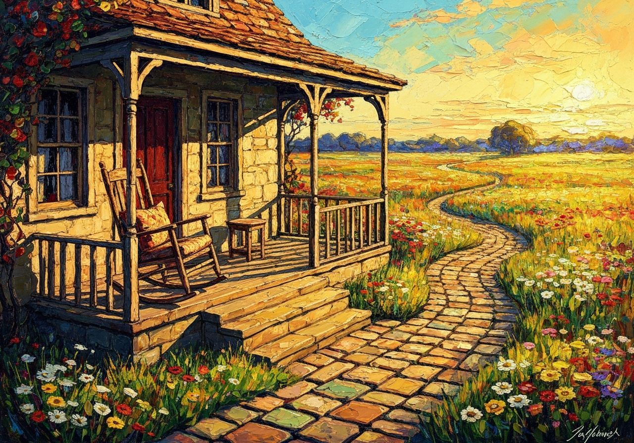 Quaint Cottage Verandah with Rocking Chair in Impasto Style
