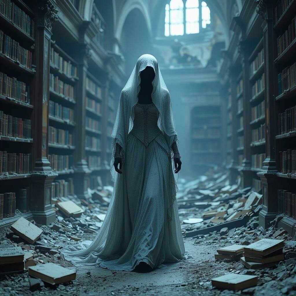 Spectral Woman in Ruined Library, Surreal Art