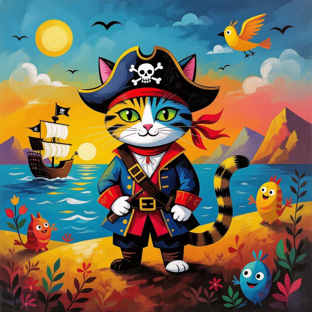 Pirate Cat in Surreal Landscape: Folk Art Adventure