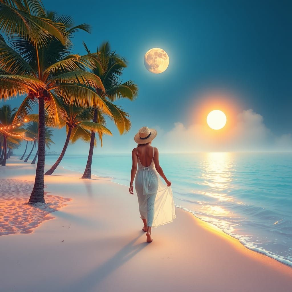 Woman on Azure Beach at Dusk in HDR Watercolor