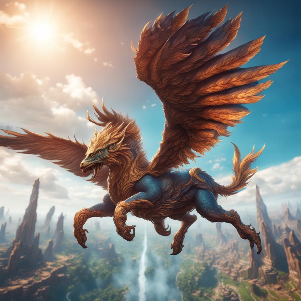 Mythical Creature Soaring in a Bright Sky