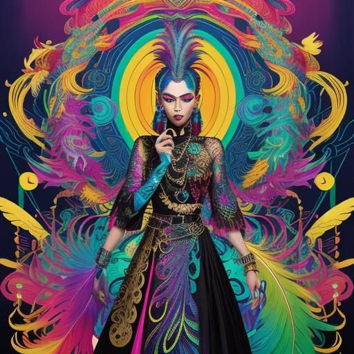 Rainbow Serpent Woman with Peacock Feathers as Digital Art