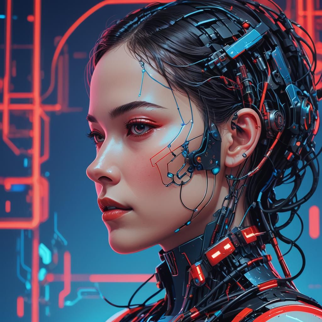 Cyberpunk Woman with Robotic Features in Studio Ghibli Style