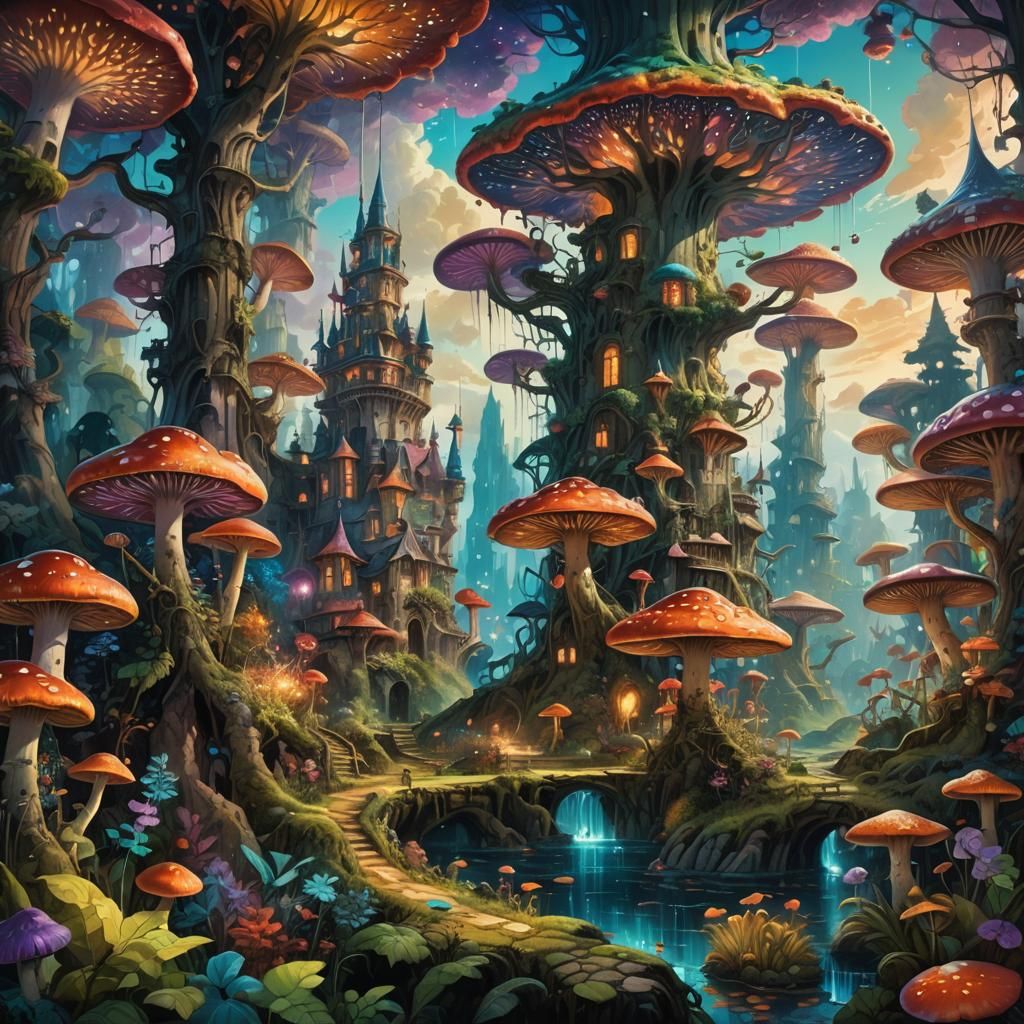 Mystical Mushroom Realm in Abstract Expressionism