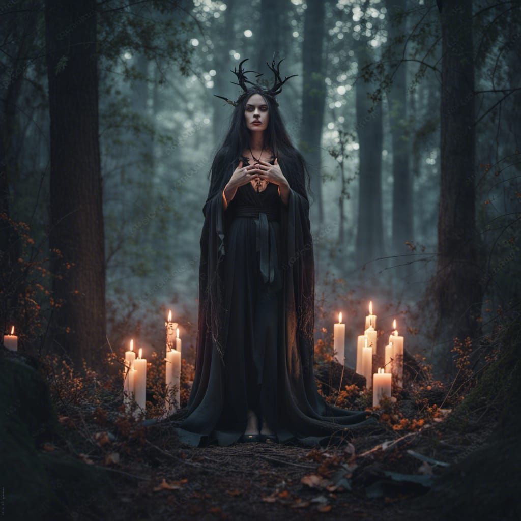 Enchanting Priestess Performing Dark Ritual in Forest