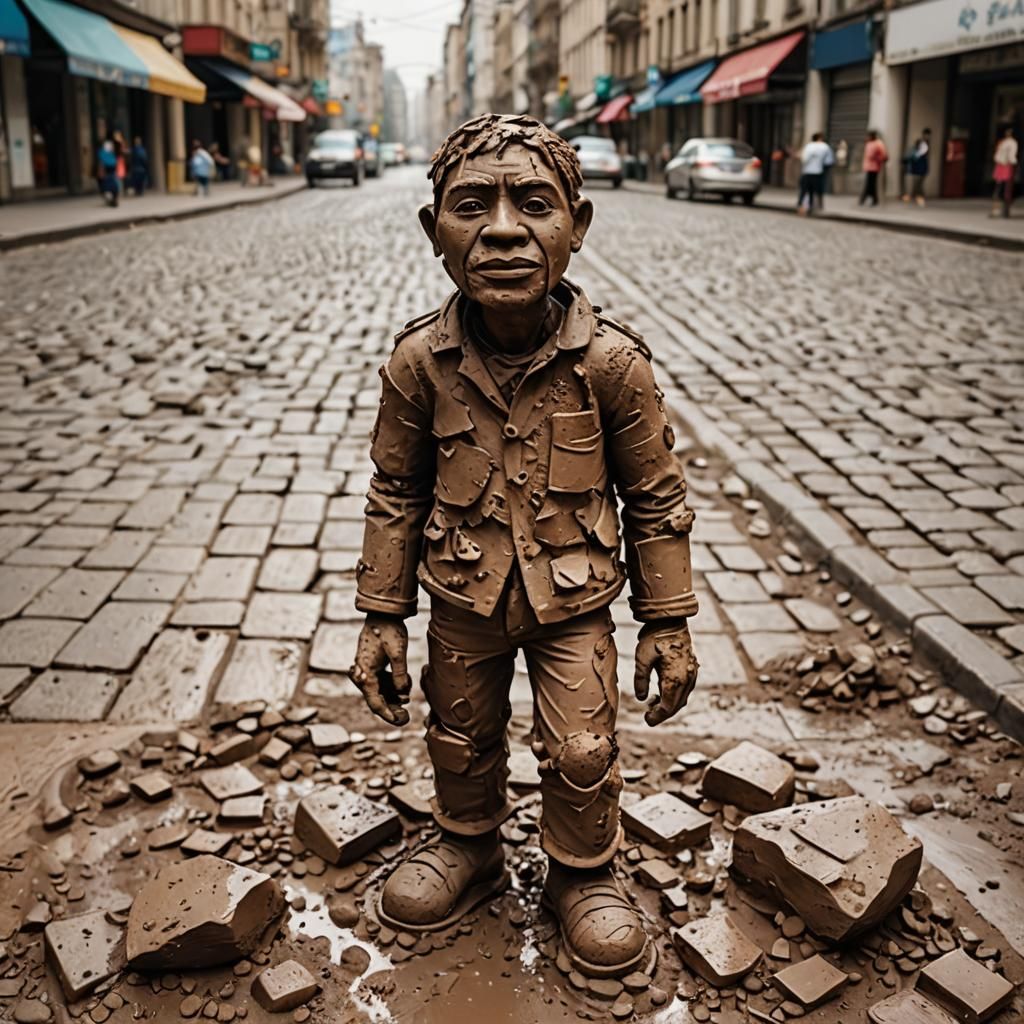 Mud Man Sculpture on City Street