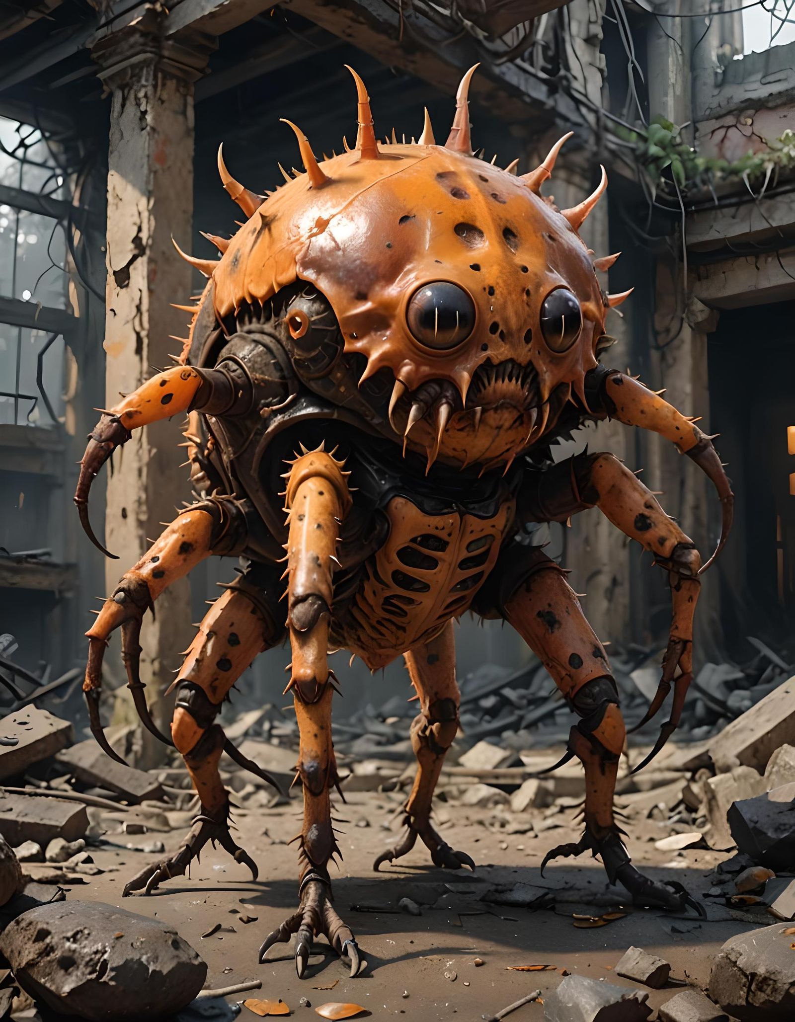 A bloated creature with six legs, dark leathery skin, three ...