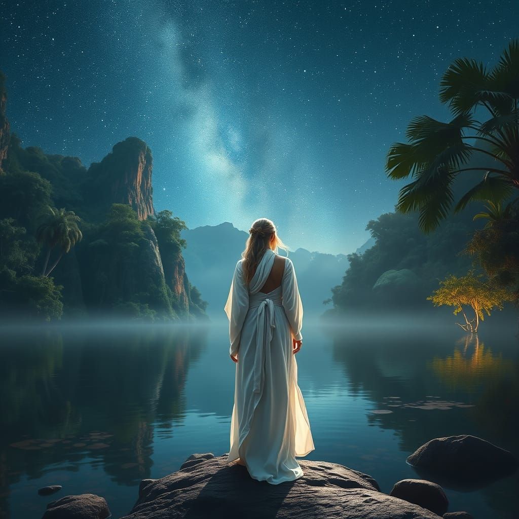 Woman at Ancient Lake Under Starry Sky