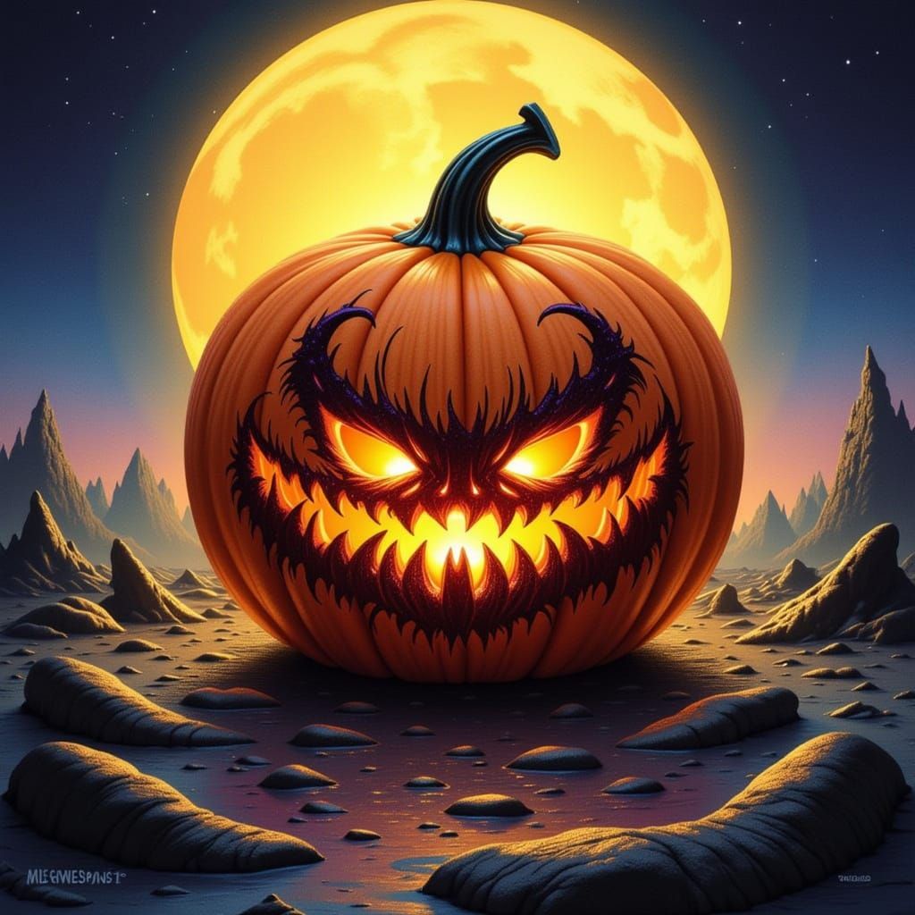 Scary Pumpkin Under Full Moon in Watercolor Style