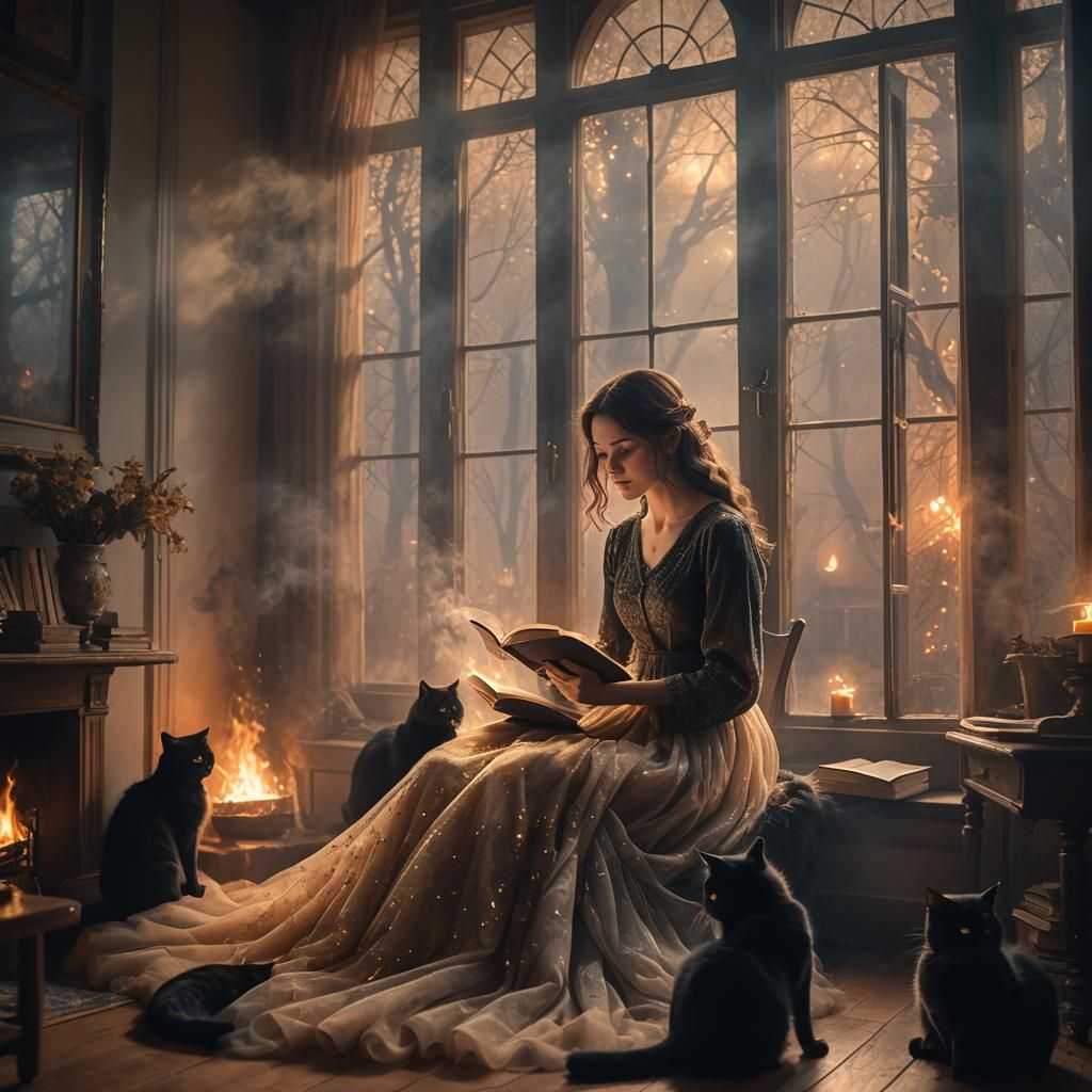 Cozy Winter Reading Scene with Cats