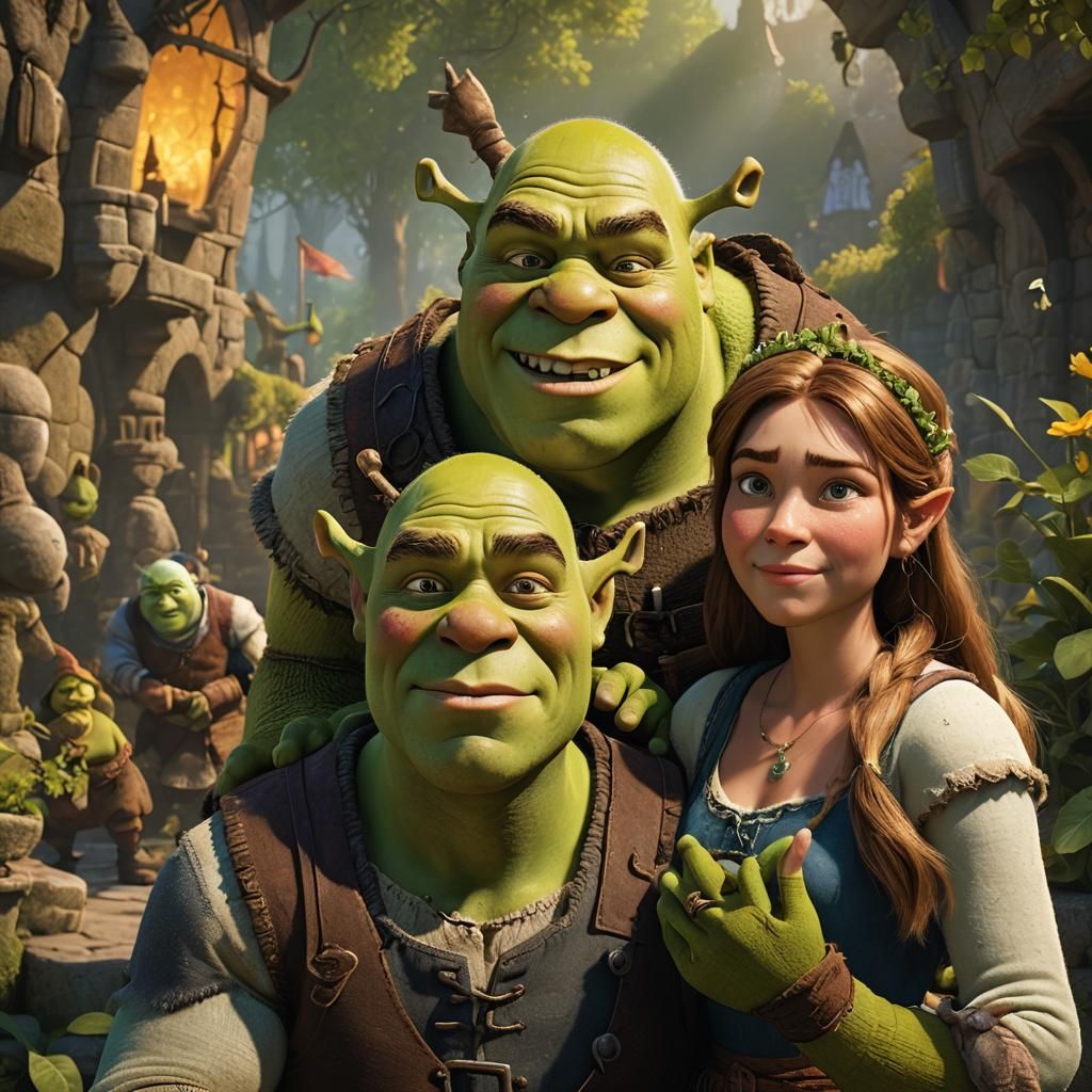 Hyperrealistic Shrek, Fiona, and Baby Shrek