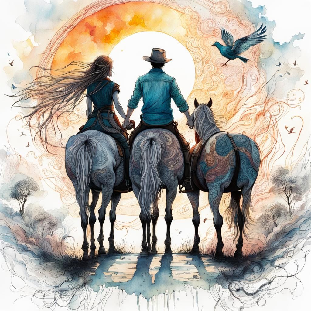 Whimsical Horseback Ride at Sunset in Zentangle Style