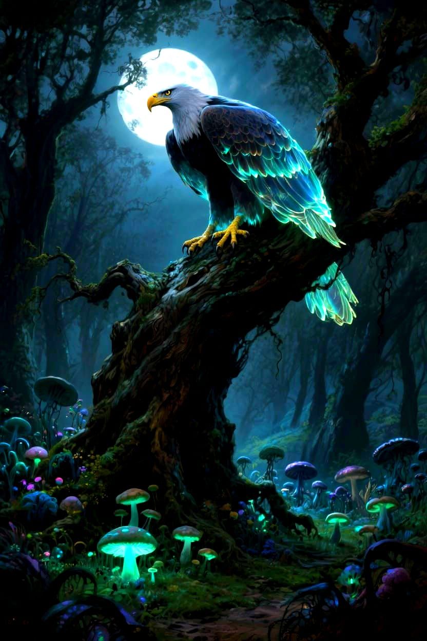 Majestic Eagle on Ancient Oak Under Ethereal Moonlight