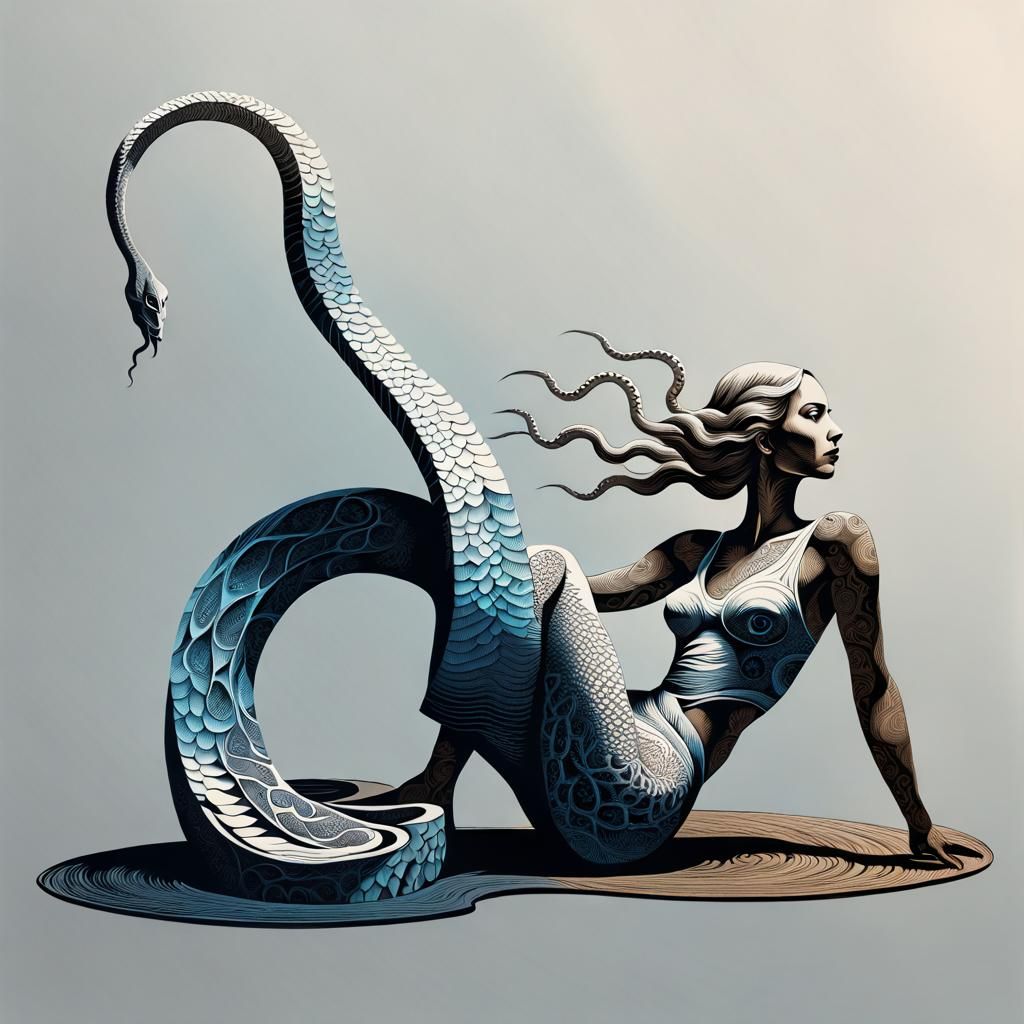 Disturbing Woodcut Print of Snake Woman