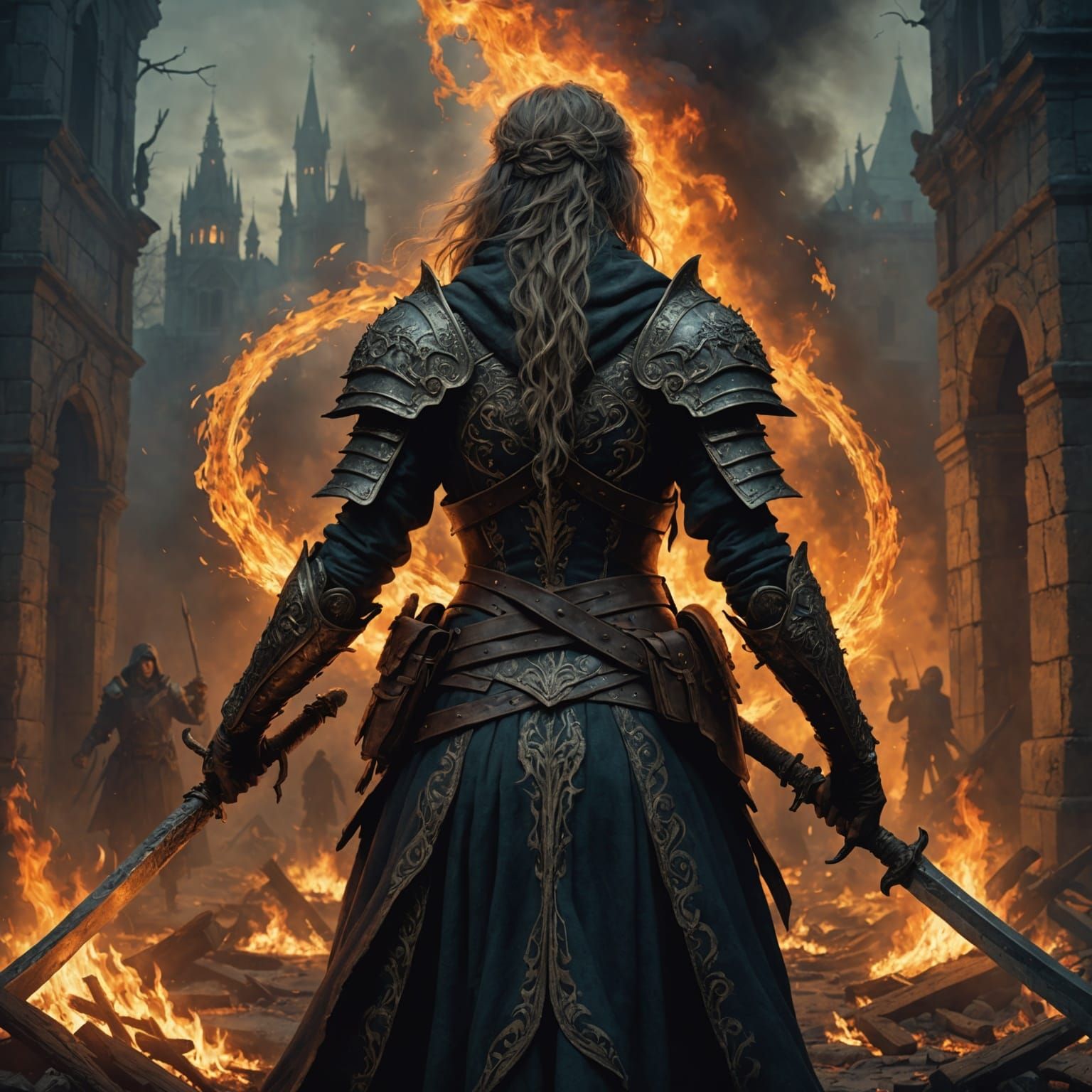 Female Warrior in Fiery Chaos, Horror Aesthetic