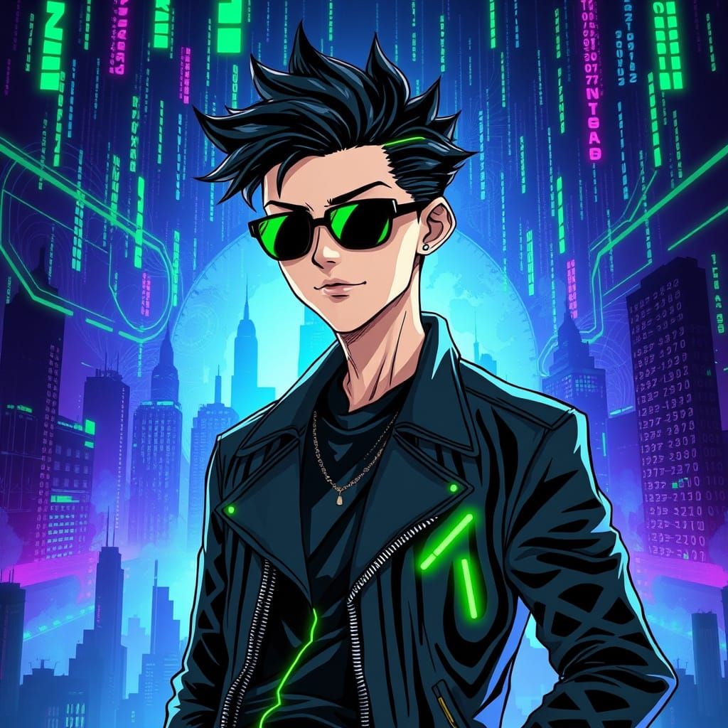 Anime Boy in Futuristic Cyberpunk Cityscape