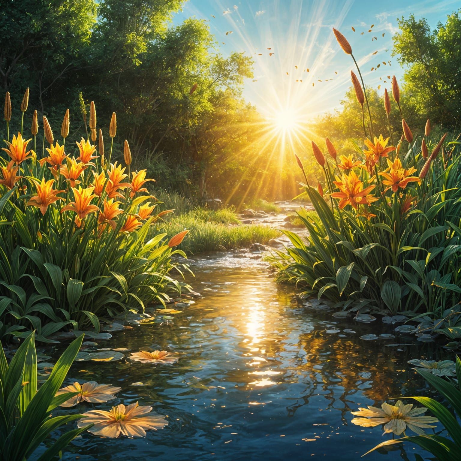 Brilliant Sunlit Stream with Lilies and Cattails