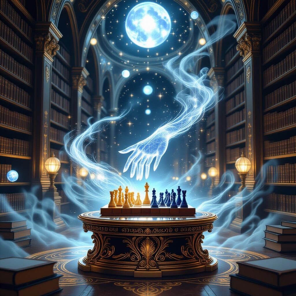 Mystical Library Chess Game in Art Nouveau Style
