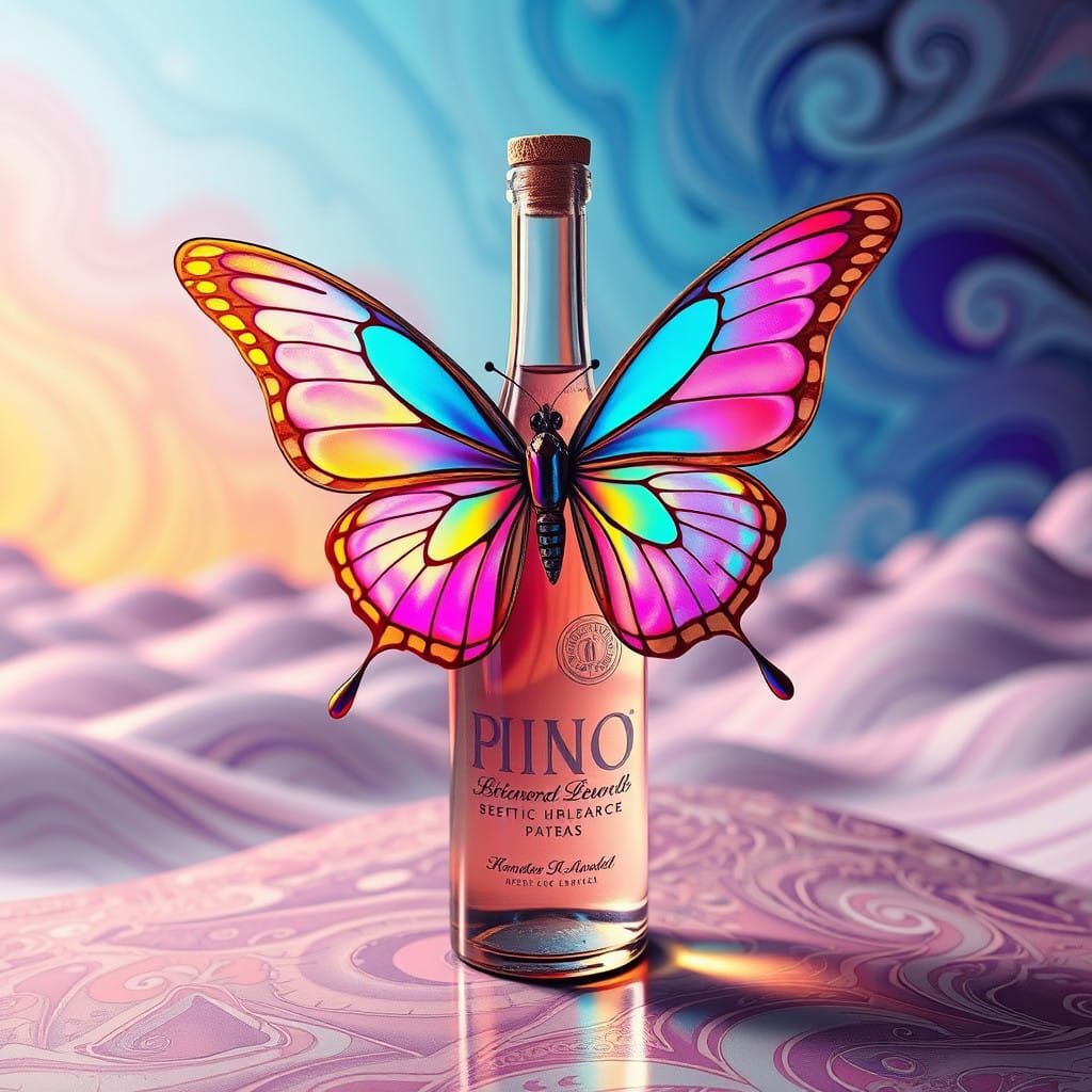 Sleek Vibrant Butterfly Envelops Retro Futuristic Bottle