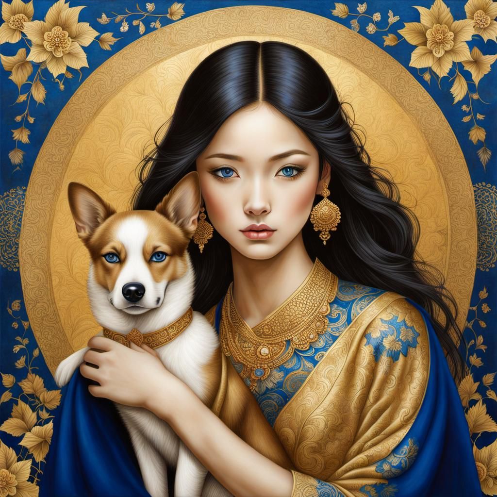 Beautiful Woman with Dog Portrait in Art Nouveau Style