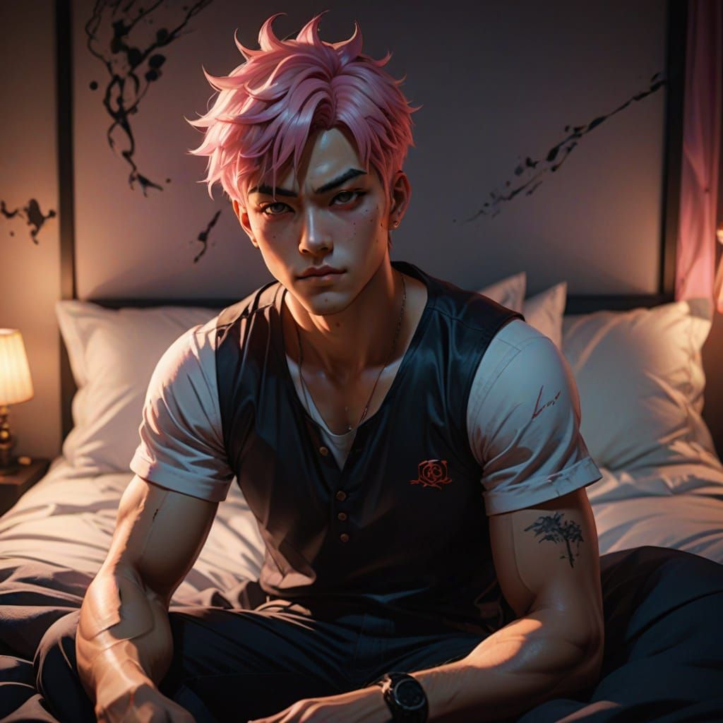 Gothic Anime Boy in Pastel Pink Hair, Bold Makeup, and Red L...