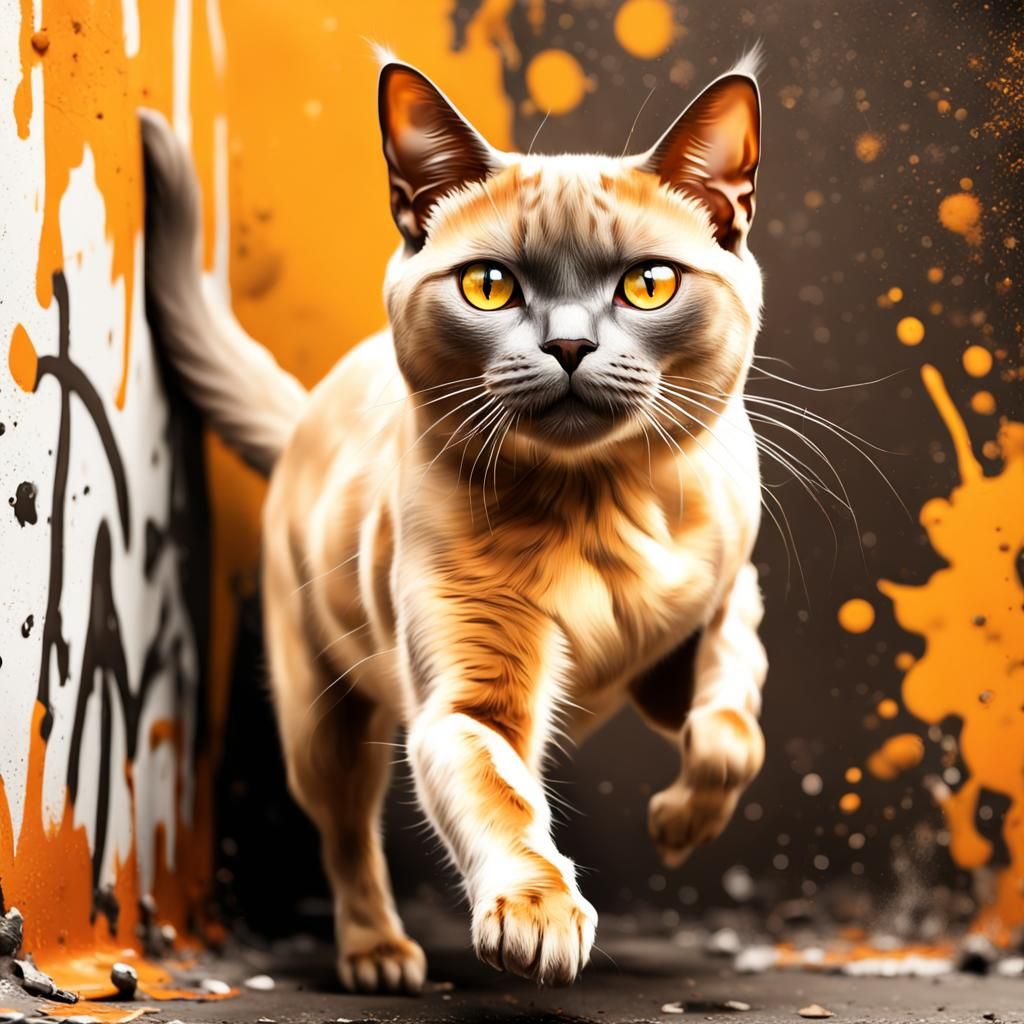 Burmese Cat Leaping in Graffiti Art Style
