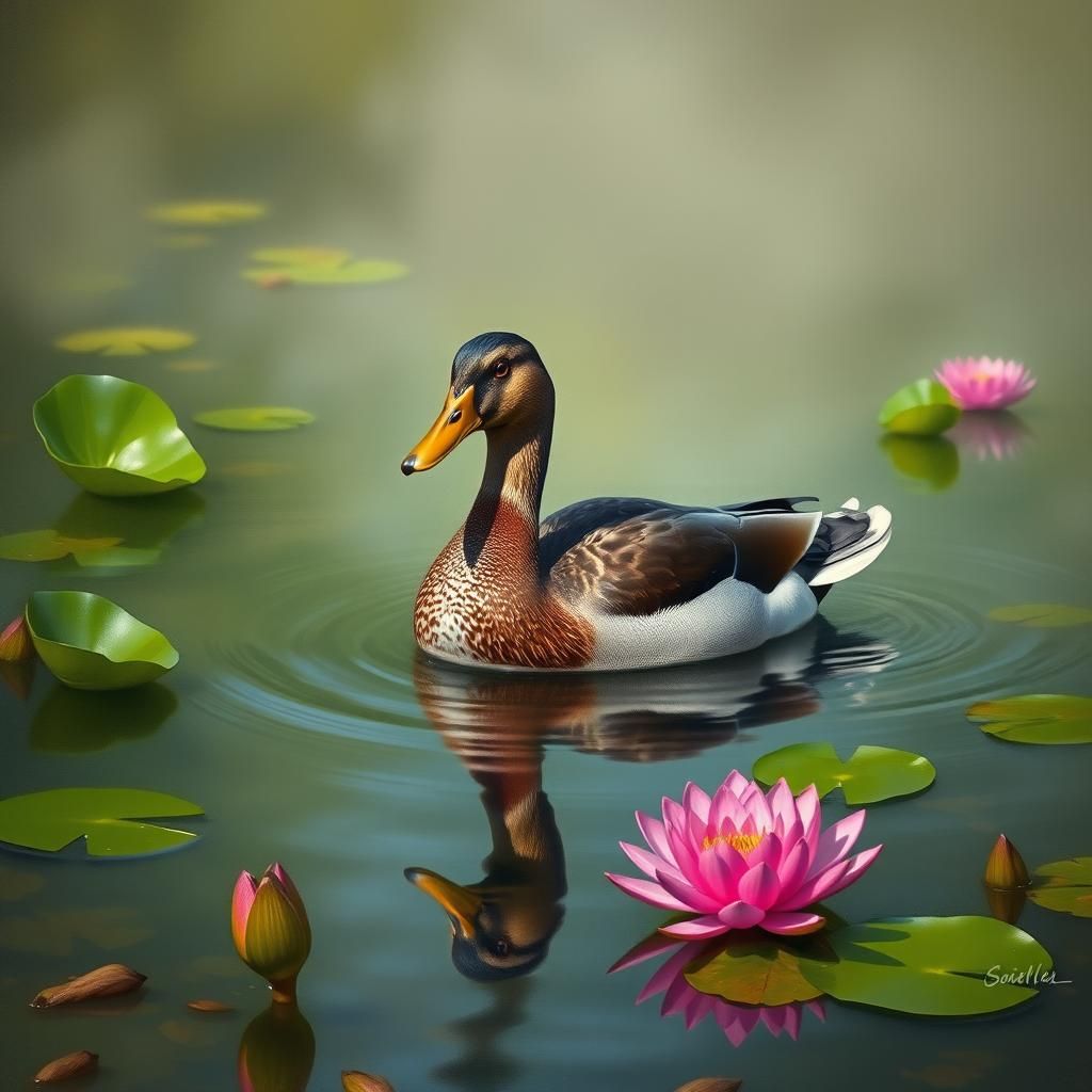 Impressionistic Duck in Misty Waterscape