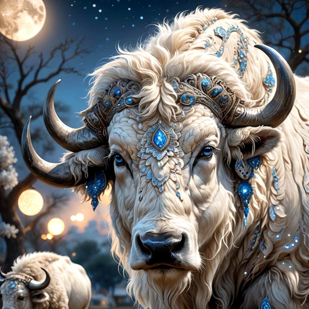 Majestic White Buffalo in Moonlit Village