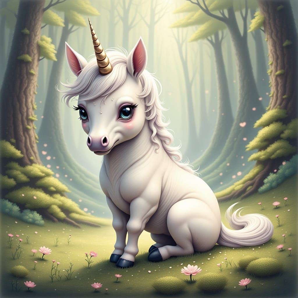 Delicate Baby Unicorn with Oversized Horn in Whimsical Water...