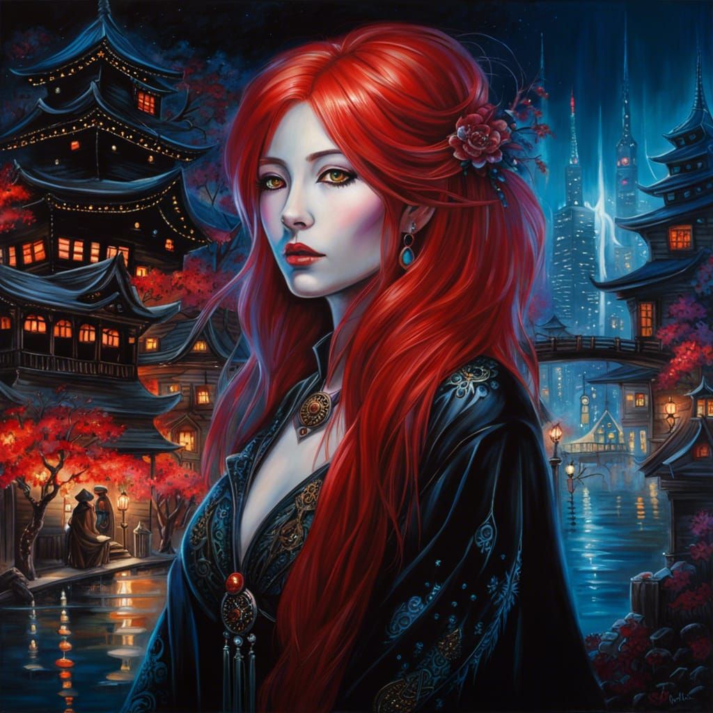 Futuristic Gothic Witch Portrait in Bioluminescent Town