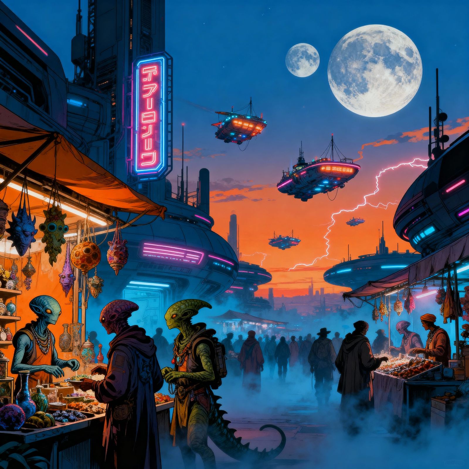 Intergalactic Marketplace at Twilight in Retro-Futuristic St...