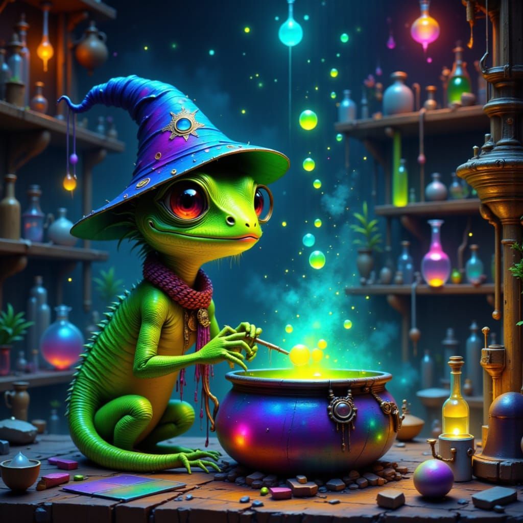 Anthropomorphic Lizard Wizard Brews Potions in CGI Cartoon S...