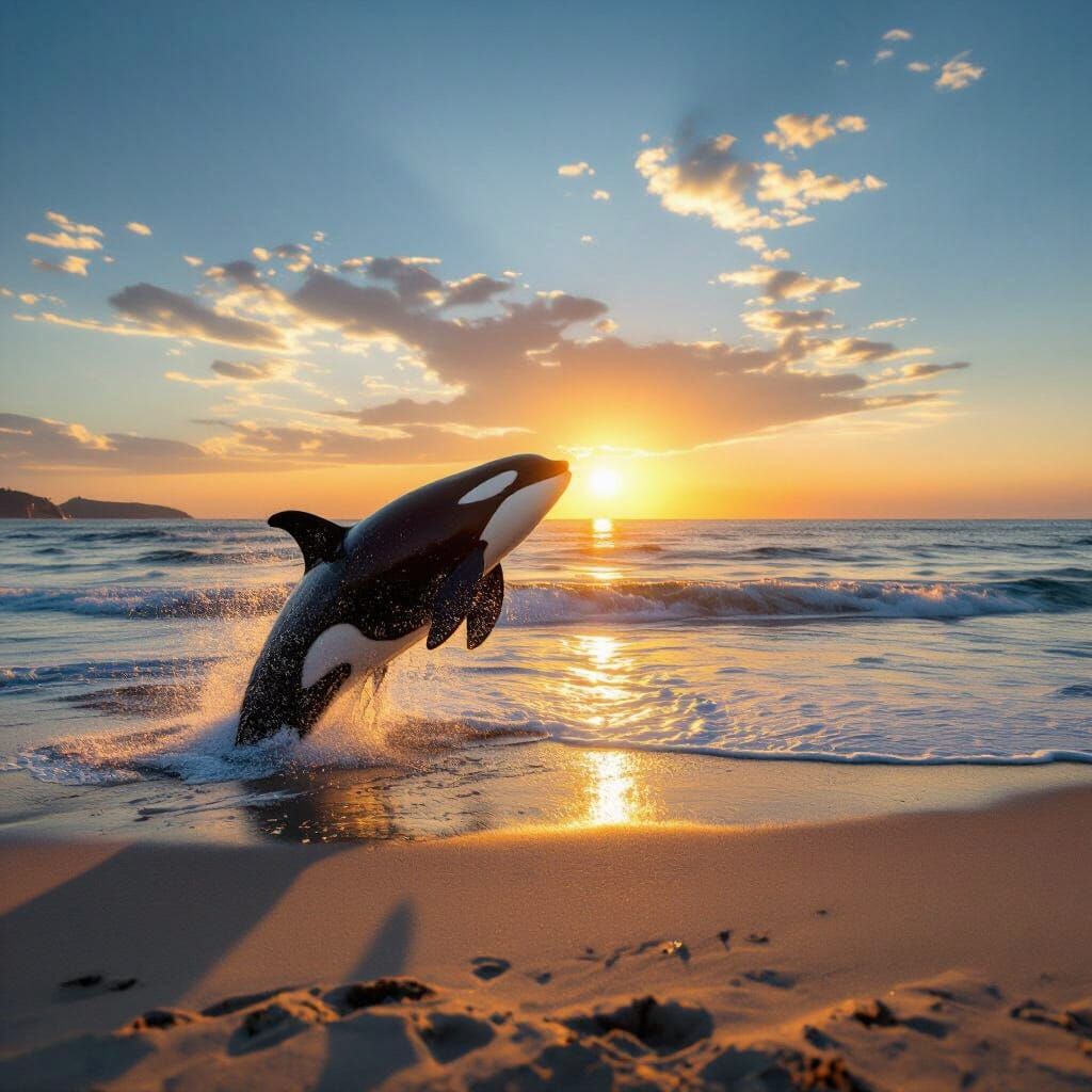 Whale Breaching Near a Large Beach