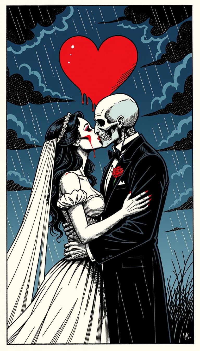 Undead Lovers' Grim Kiss Under Stormy Night Sky