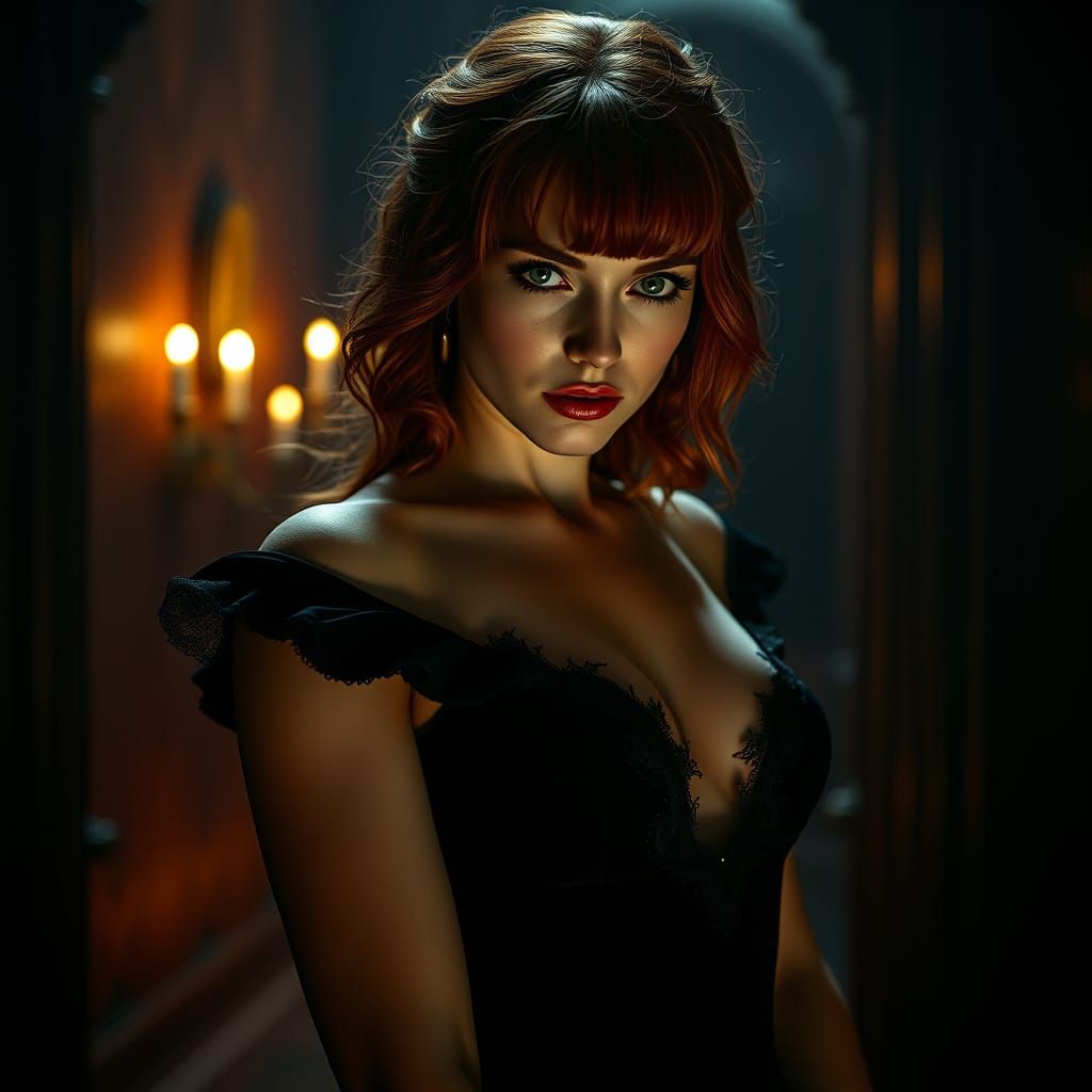 Gothic Goddess in Velvet Gown with Radiant Green Eyes