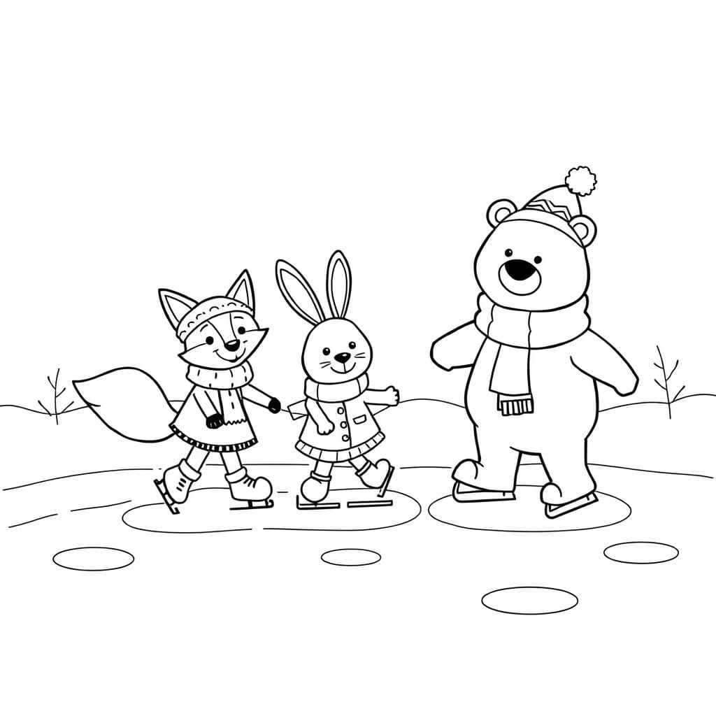 A black and white coloring book page featuring a group of happy animals in winter clothing — a fox, a rabbit, and a bear...
