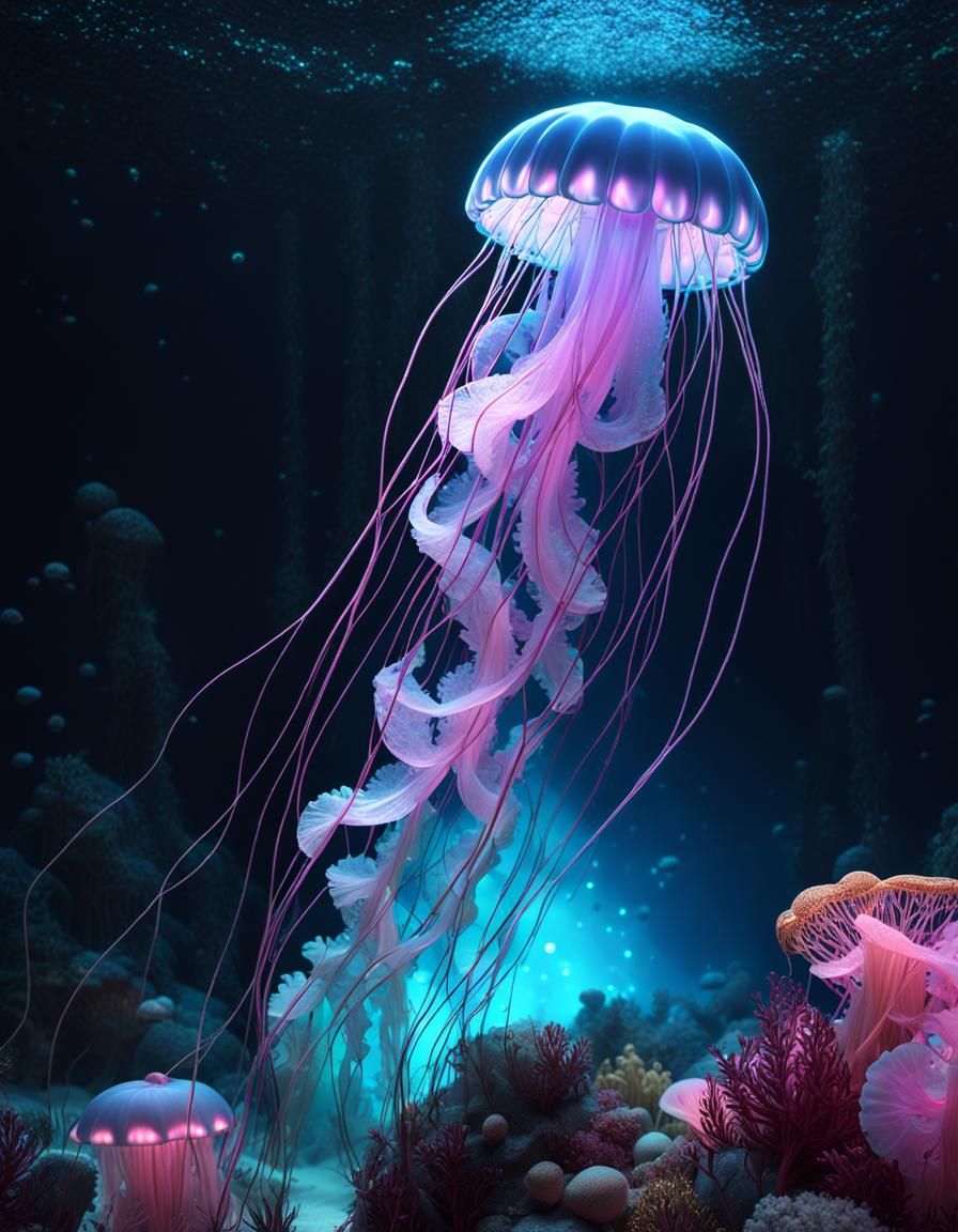 Glowing Jellyfish in Bioluminescent Underwater Scene