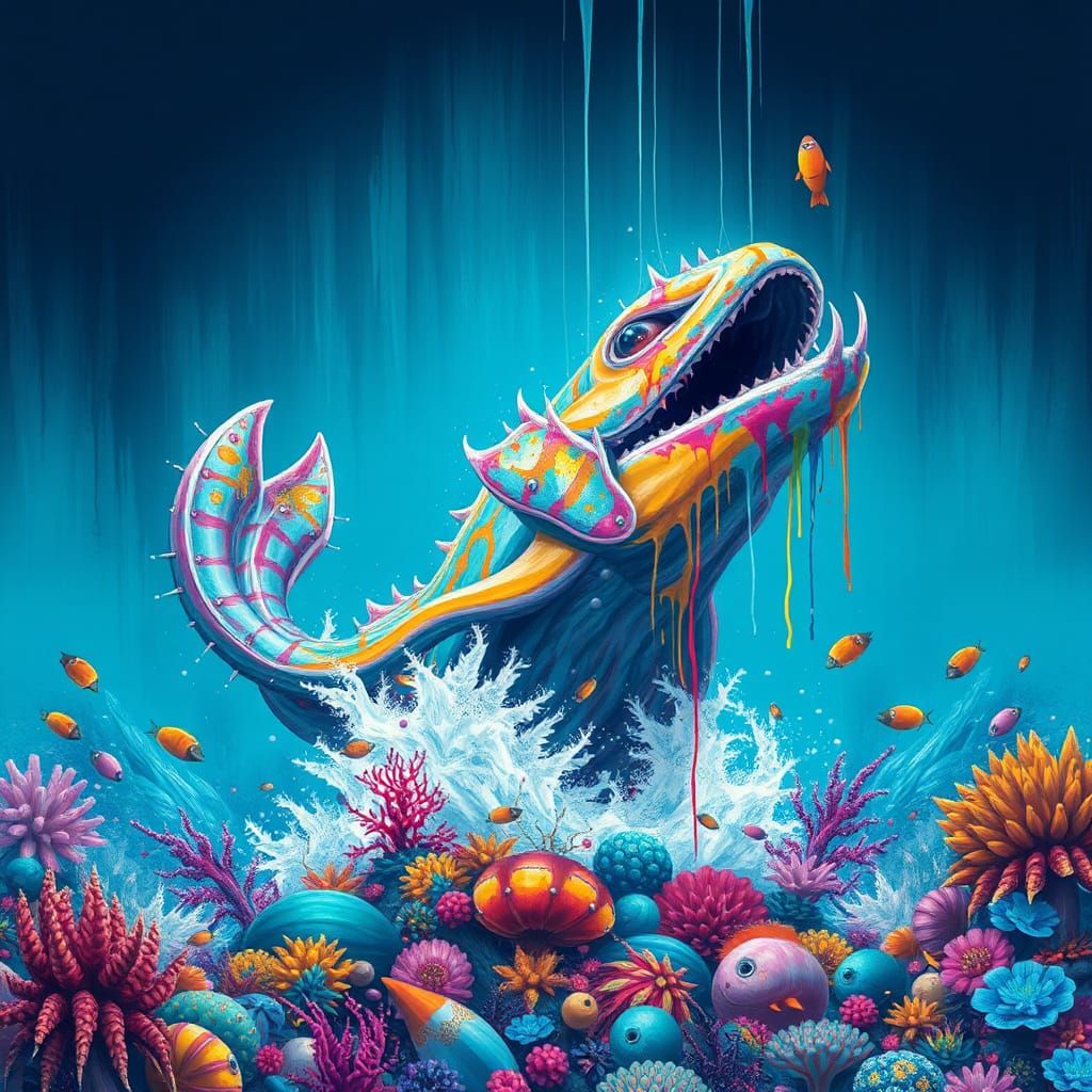 Subnautica below zero, ice, giant, underwater, ventgarden, splash art, spray paint, oil gouache melting, acrylic, high c...