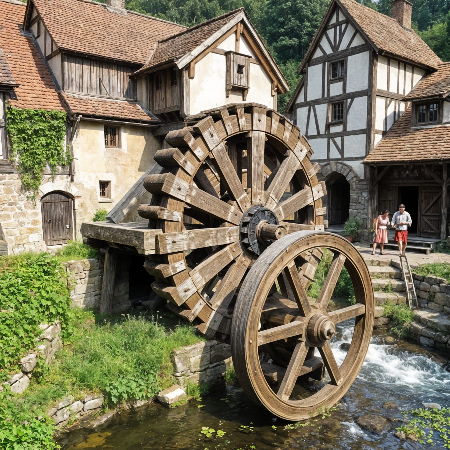 Medieval Water Wheel in Rustic Village Landscape