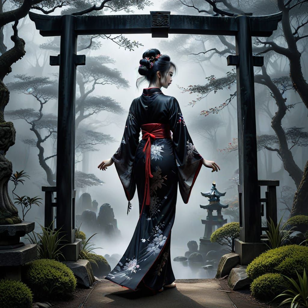 Dark Fantasy Geisha in Ethereal Japanese Garden