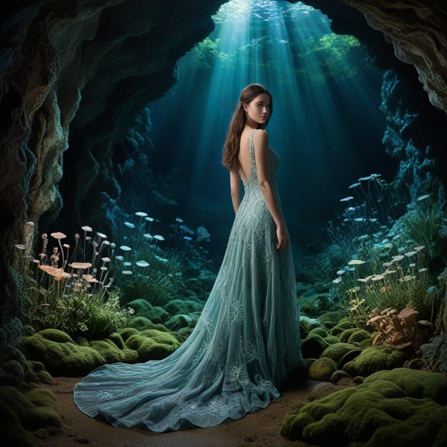 Surreal Crystal Caverns Featuring Bioluminescent Flora in an...