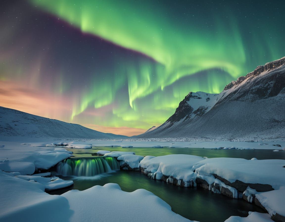 Arctic Waterfall Under Aurora Borealis: Oil Painting