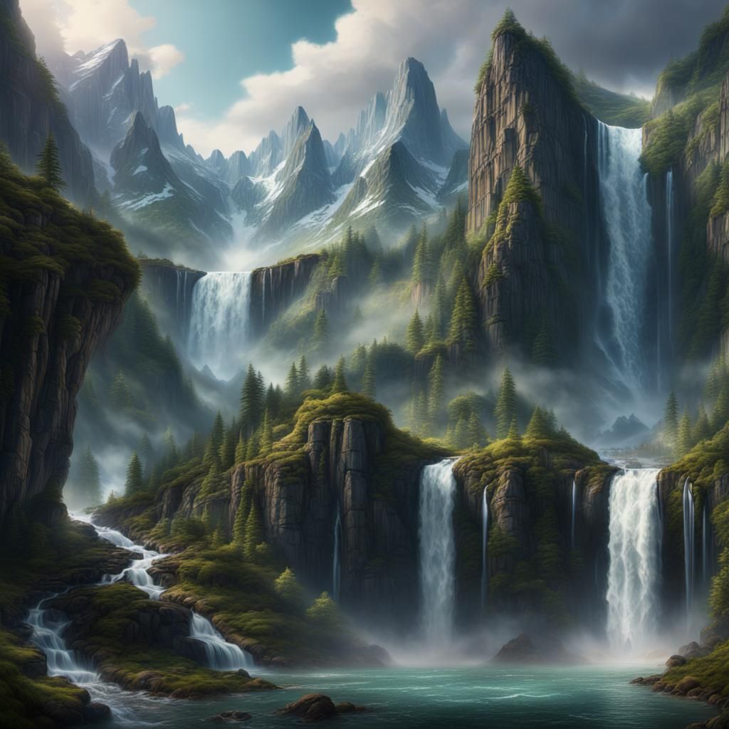 Epic Waterfall and Mountain Digital Matte Painting