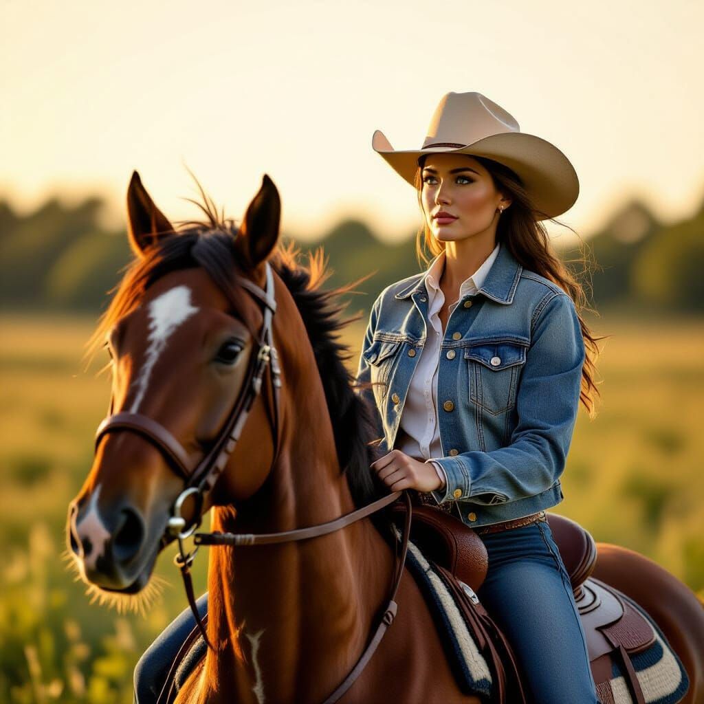 Cowgirl Rides Chestnut Horse at Golden Hour