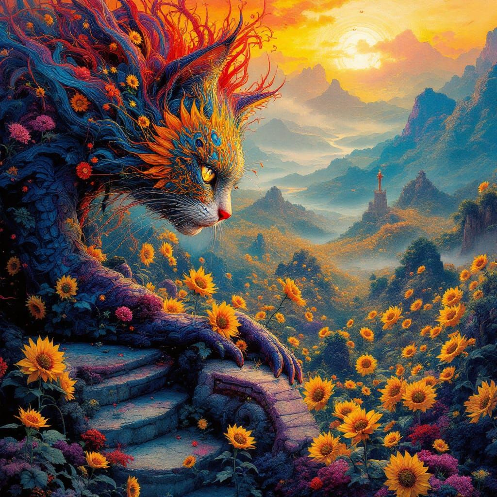 China Cat Sunflower in Surreal Chinese Landscape