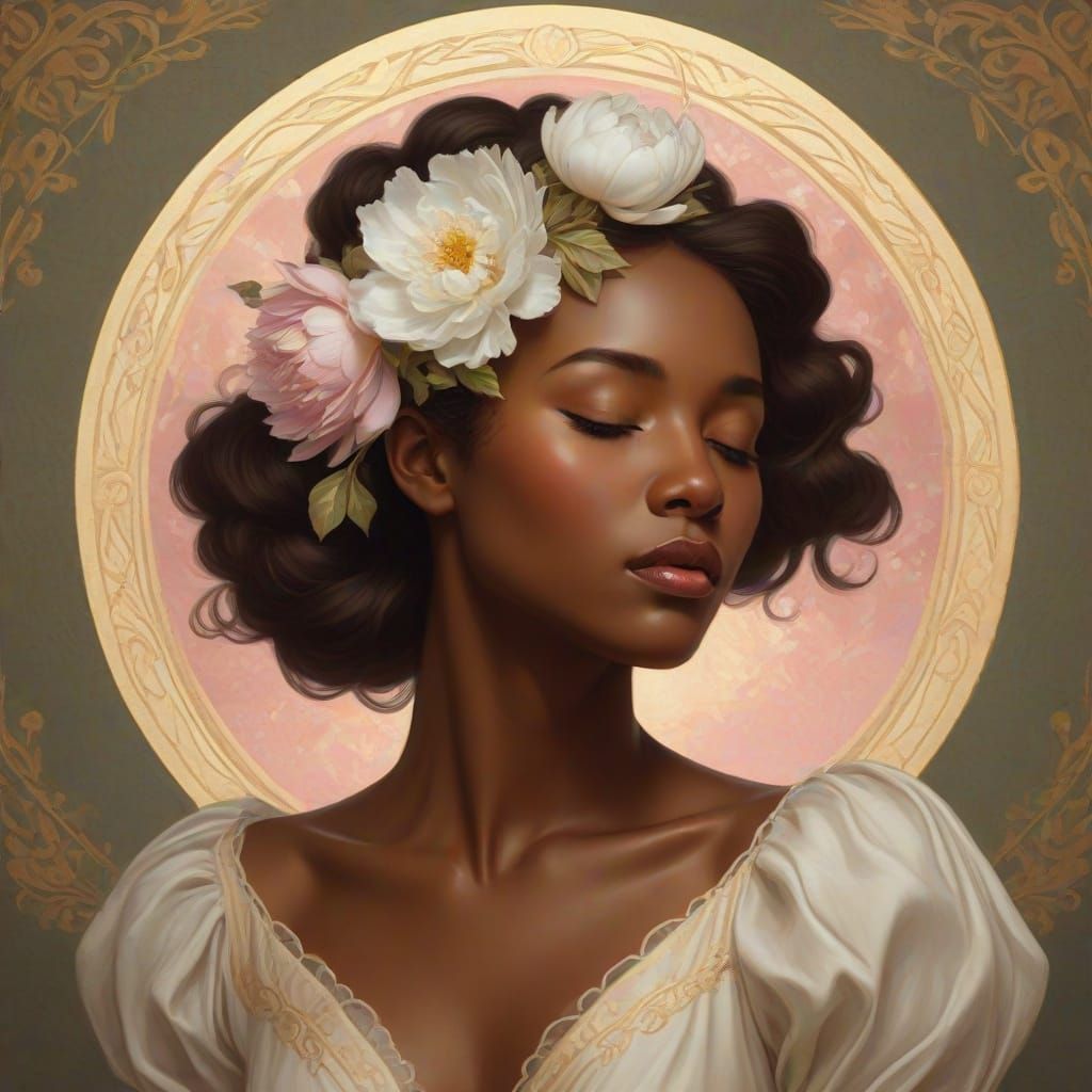 Art Nouveau Portrait of Woman with Peony in Golden Light