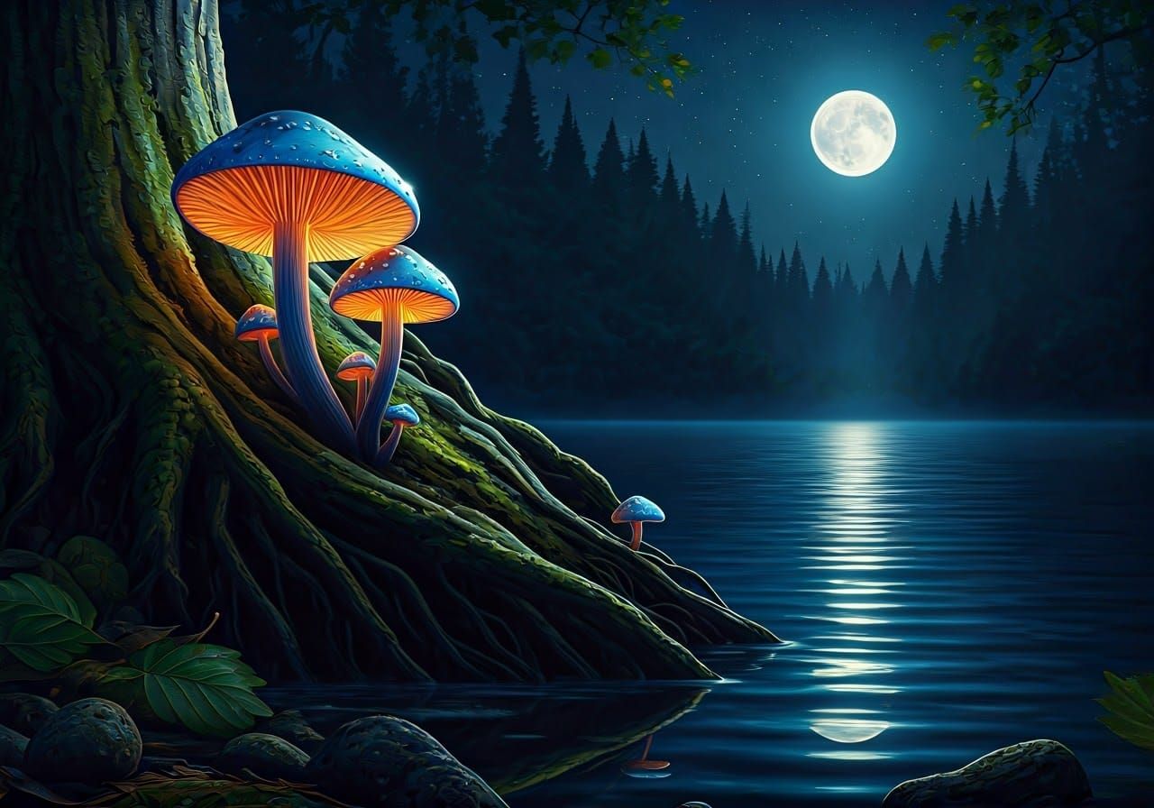 Iridescent Mushrooms Reflecting Moonlight: A Fantasy Waterco...